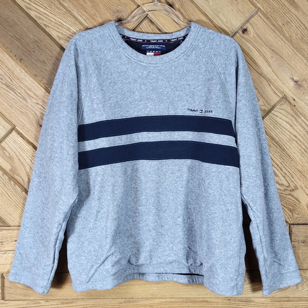 Tommy Jeans Fleece Sweatshirt Mens Size Large Striped Crewneck Gray